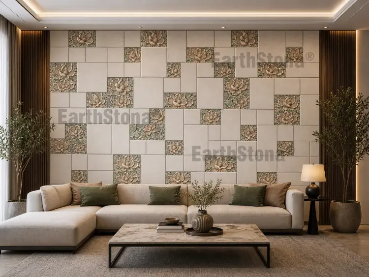 Luxury modular sandstone wall cladding panels in modern villa interior